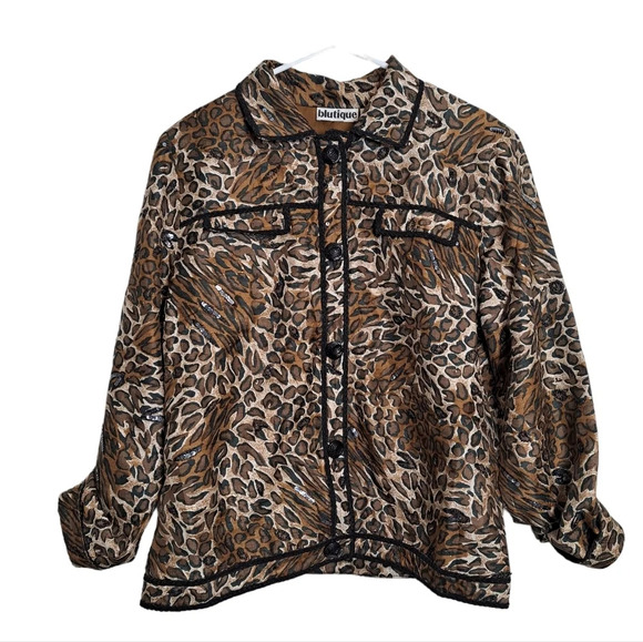 Vintage Blutique Women's Brown Black Cheetah Print Sequin Silk Jacket Size L - Picture 1 of 7